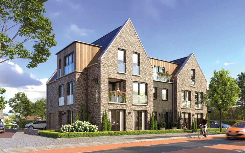 Impressie hoekaanzicht geschakelde woningen constructieberekening staalconstructie kalkzandsteen Hogepad Rijssen